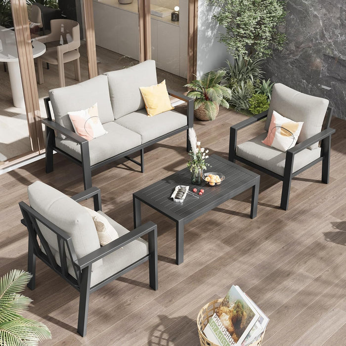 4-Piece Aluminum Outdoor Patio Furniture Sets All-Weather Patio Conversation Set Sectional Sofa with Coffee Table & Cushions with Removable Covers for for Deck Backyard Garden Poolside Balcony Porch