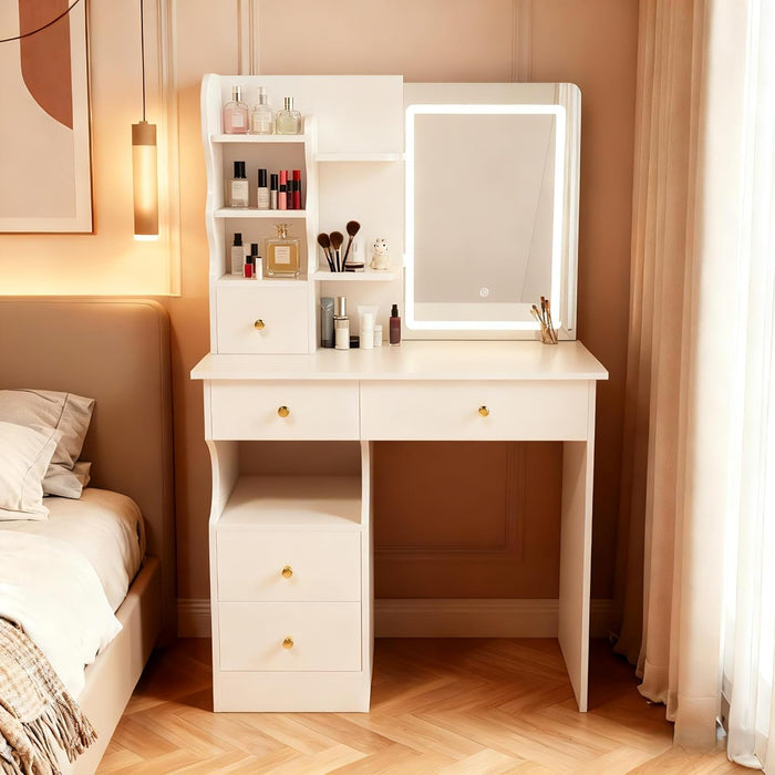 White Makeup Vanity Desk with Hidden Mirror, 31.5 Inch Dressing Table with 5 Drawers, 3 Color Adjustable LED Lights, No Stool Included