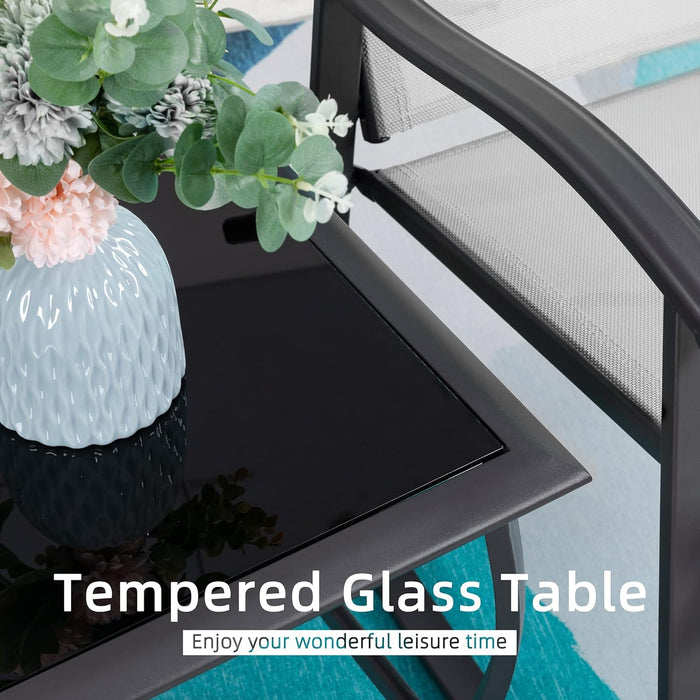 3 Piece Outdoor Rocking Bistro Set, Textilene Fabric Small Patio Furniture Set, Front Porch Rocker Chairs Conversation Set with Glass Table for Lawn, Garden, Balcony, Poolside (Light Gray)