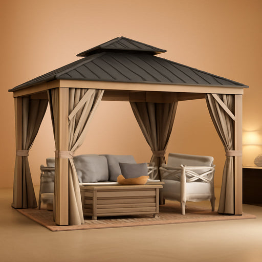 10X10Ft Gazebo, Wood Grain Aluminum Hardtop Gazebo, Heavy Duty Double Roof Galvanized Steel with Nettings and Curtains for Patio, Backyard, Deck, Lawns, Brown