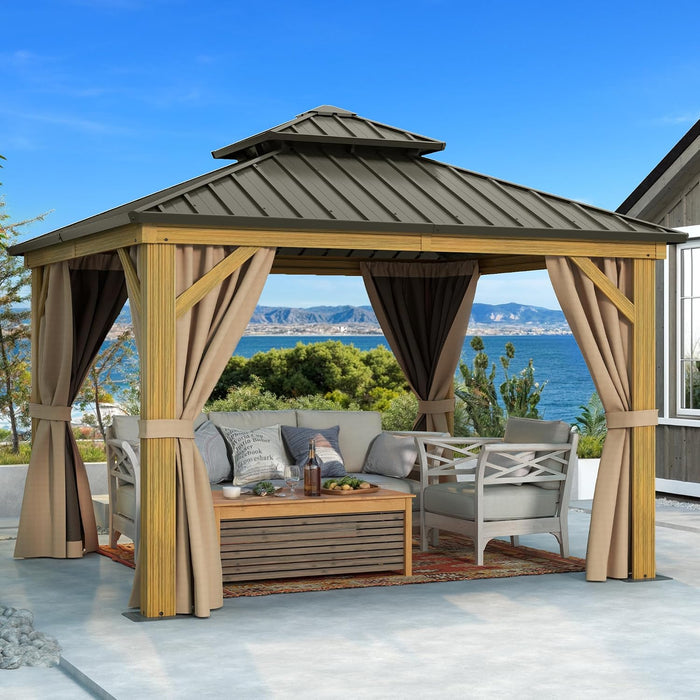 10X10Ft Gazebo, Wood Grain Aluminum Hardtop Gazebo, Heavy Duty Double Roof Galvanized Steel with Nettings and Curtains for Patio, Backyard, Deck, Lawns, Brown