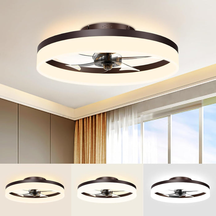 Low Profile Ceiling Fans with Lights and Remote, 19.7In Fandelier Ceiling Fan Flush Mount, 3000K-6500K Smart Bladeless LED Fan Light, Brown Modern Ceiling Fans with Lights for Bedroom