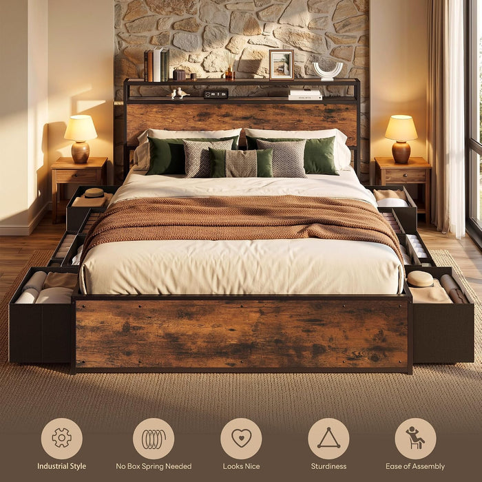 Queen Size Bed Frame with 12 Storage Drawers and Headboard