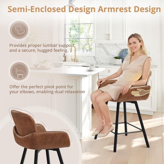 26" Swivel Bar Stools Set of 3, Counter Height Bar Stools with Backrest and Arms, Modern Upholstered Barstools with Metal Legs for Kitchen Island, Brown