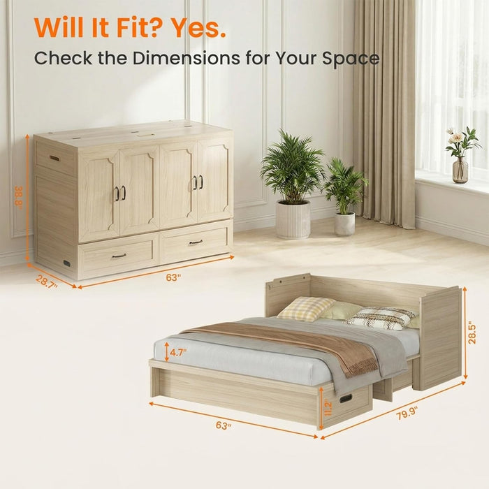 Queen Murphy Bed With Mattress NaturalWood Storage