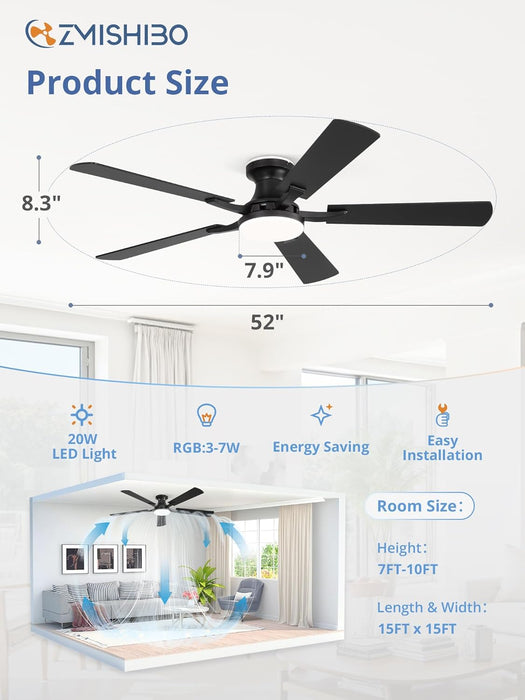 52 Inch Smart Ceiling Fans with RGB Lights, Low Profile Flush Mount Ceiling Fan with Alexa/App/Remote Control, Dimmable 20W LED Light, Black Modern Fan for Living Room, Bedroom, Game Room