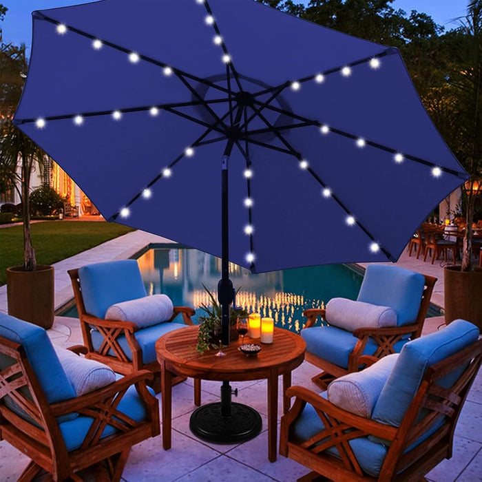 9 Ft Solar Umbrella 32 LED Lighted Patio Umbrella Table Market Umbrella with Tilt and Crank Outdoor Umbrella for Garden, Deck, Backyard, Pool and Beach (Navy Blue)