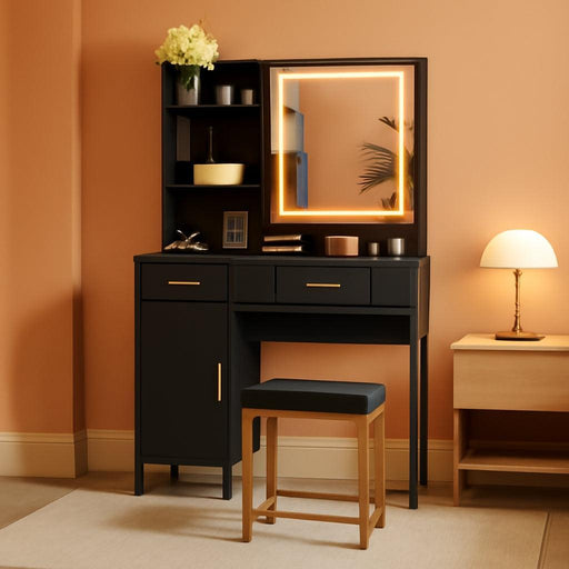 Vanity Desk with Mirror and Lights, 42.5" Makeup Vanity Set with Stool, Makeup Table with Mirror Cabinet and Chair, Drawers & Shelves, Dressing Table with Outlet for Bedroom, Black