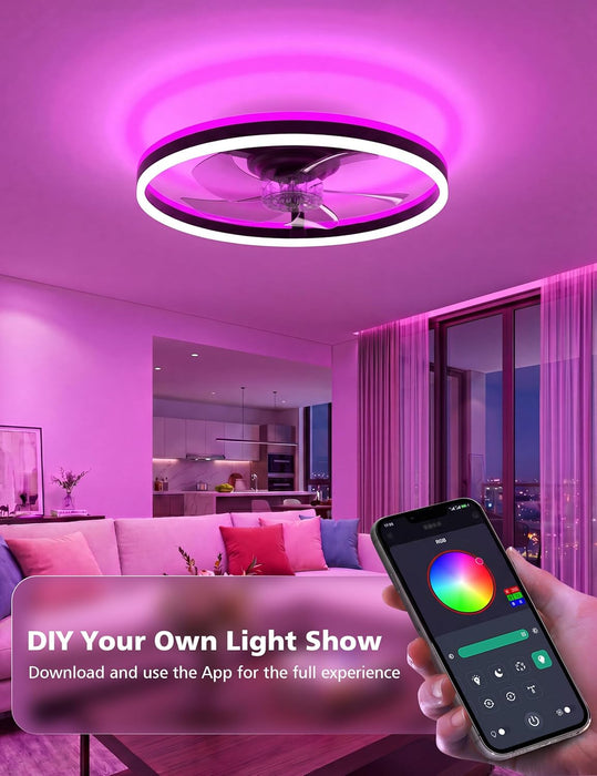 RGB Ceiling Fan with Light and Remote,20" Fandelier Smart Ceiling Fan,Black