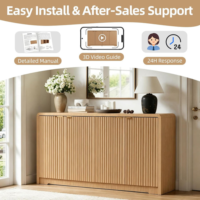 59" Fluted Buffet Cabinet Sideboard with Ample Storage, Natural Oak | Adjustable Shelves, Soft-Close Hinges, Anti-Tip Device, Thick Sturdy Panels, Rounded Edge, Sturdy Structure, Easy Assembly