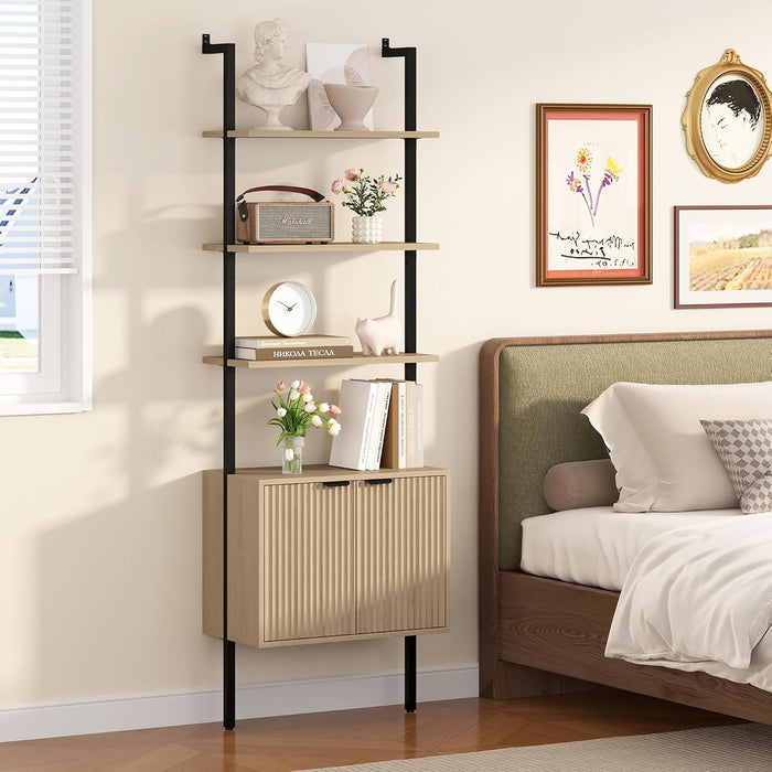 73" Tall Bookshelf with Cabinet, Industrial Ladder Wall Mount Shelf Bookcase with Wood and Metal Frame, Plant Shelf Wall Storage Display for Living Room Bedroom, Wavy Light Ivory
