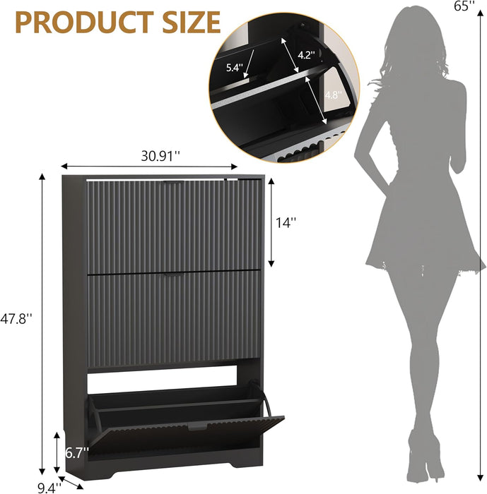 Black Fluted Shoe Cabinet With Adjustable Shelving
