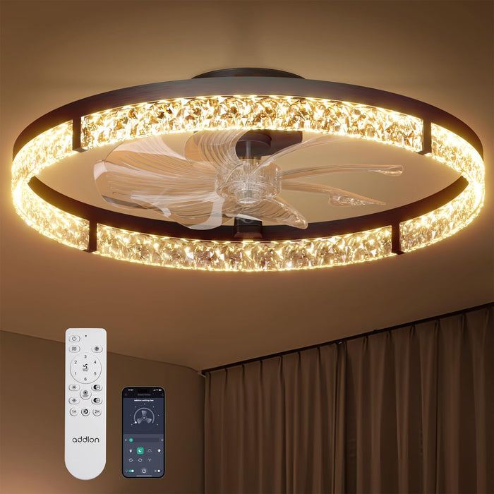 Ceiling Fans with Lights and Remote, 24'' Low Profile Flush Mount Ceiling Fan, 3000–6000K Dimmable LED Fandelier, Bladeless Crystal Fan Light for Bedroom, Kitchen, Living Room, Black
