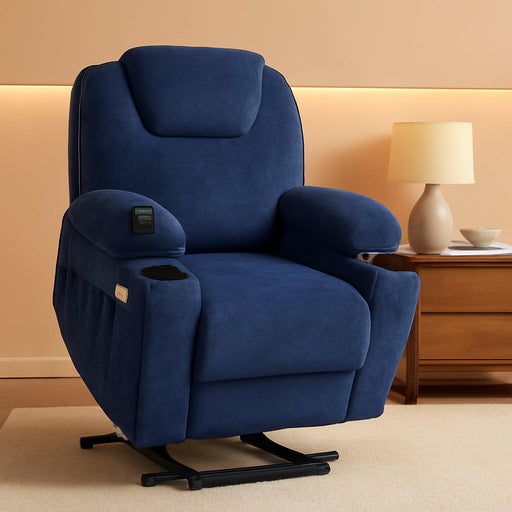 Small Power Lift Recliner Chair Sofa with Massage and Heat for Petite Elderly, 3 Positions, Cup Holders, and USB Ports, Extended Footrest, Fabric 7141 (Admiral)