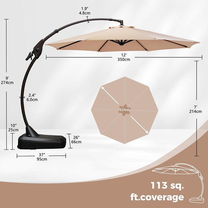 12FT Cantilever round Umbrella with Base & Cover, Champagne
