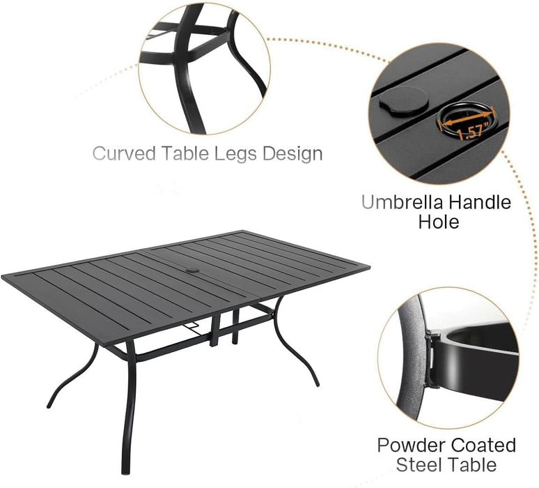 7-Piece Patio Dining Set, Outdoor Furniture Set of 6 Blue Stackable Dining Chairs and Rectangular Metal Table with Umbrella Hole for Outdoor Kitchen Lawn Garden,Bistro,Deck.