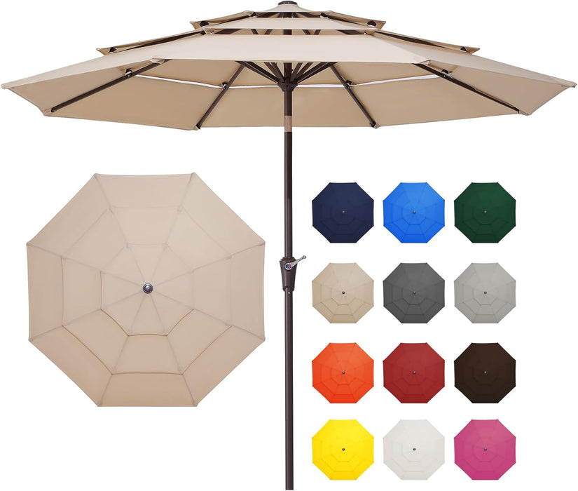 9FT 3 Tier Patio Umbrella Outdoor Market Umbrella Table Umbrellas with 8 Ribs 1.5 Pole Push Button Tilt and Crank UV Protection for Garden,Beige
