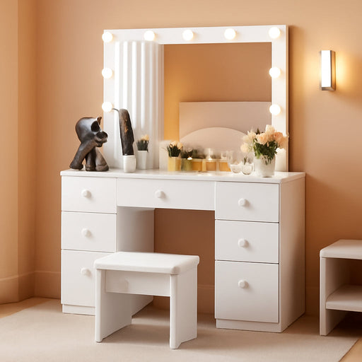 Vanity with Lighted Mirror - Makeup Vanity Desk with Power Outlet and 7 Drawers, 3 Color Lighting Modes Adjustable Brightness, 44" Vanity Table with Soft Cushioned Stool for Women Girls, White