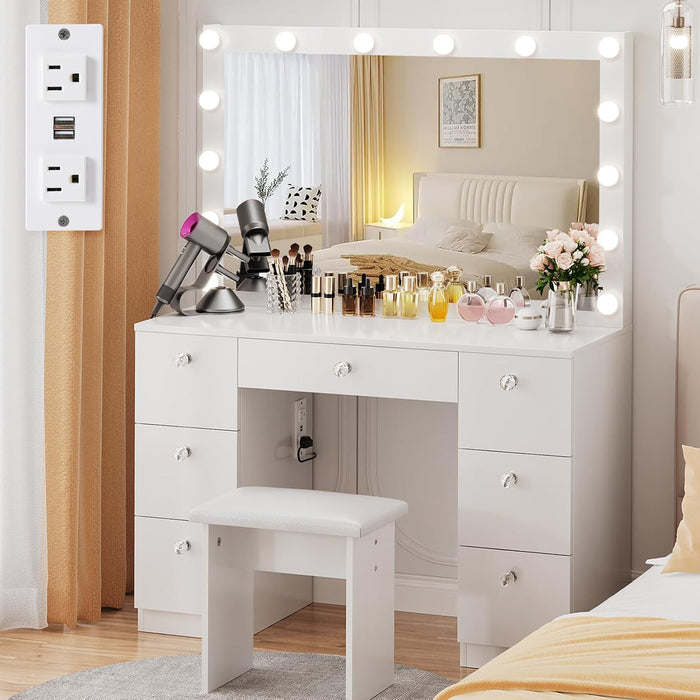 Vanity with Lighted Mirror - Makeup Vanity Desk with Power Outlet and 7 Drawers, 3 Color Lighting Modes Adjustable Brightness, 44" Vanity Table with Soft Cushioned Stool for Women Girls, White