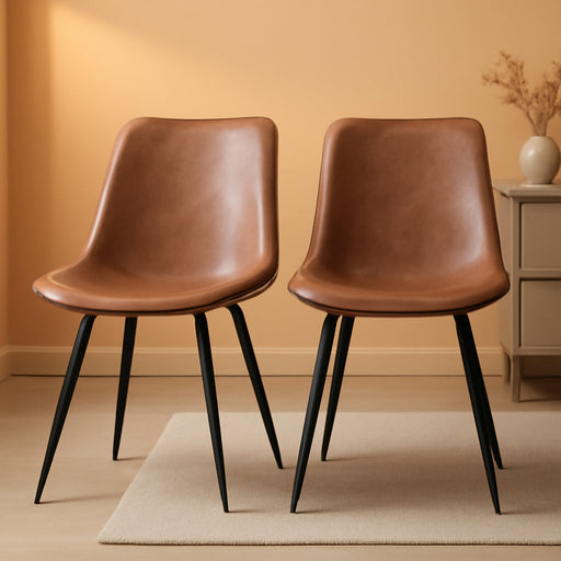 Dining Chairs Set of 2 Upholstered Modern Dining Room Chairs Mid Century Faux Leather Kitchen Chairs with Metal Legs for Dining Room Kitchen, Brown