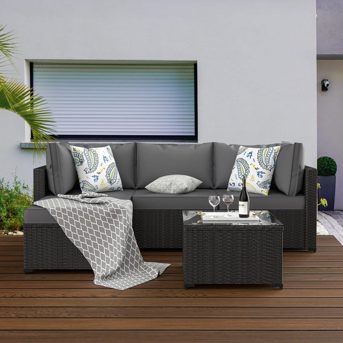 Patio Furniture Set, 5PCS Outdoor Conversation Sets Waterproof Rattan Sectional Sofa with 4” Thickened Cushion Modular Wicker Patio Furniture Set with Glass Top Table for Balcony, Backyard (Grey)