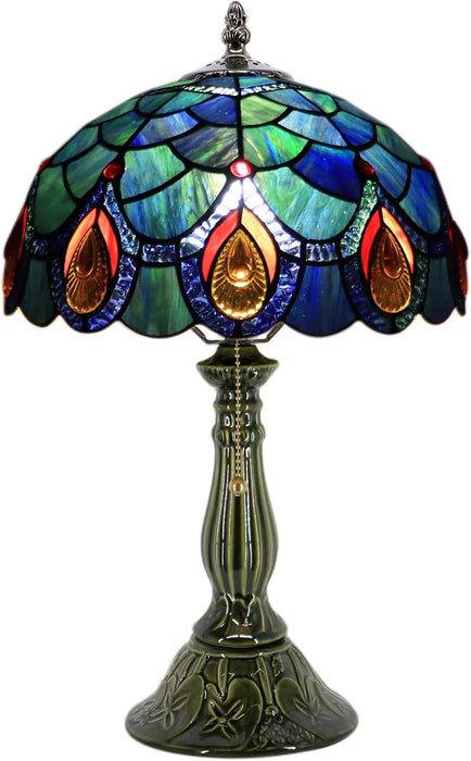 Tiffany Style Stained Glass Table Lamp 18.5 Inch - Blue Peacock Tail
