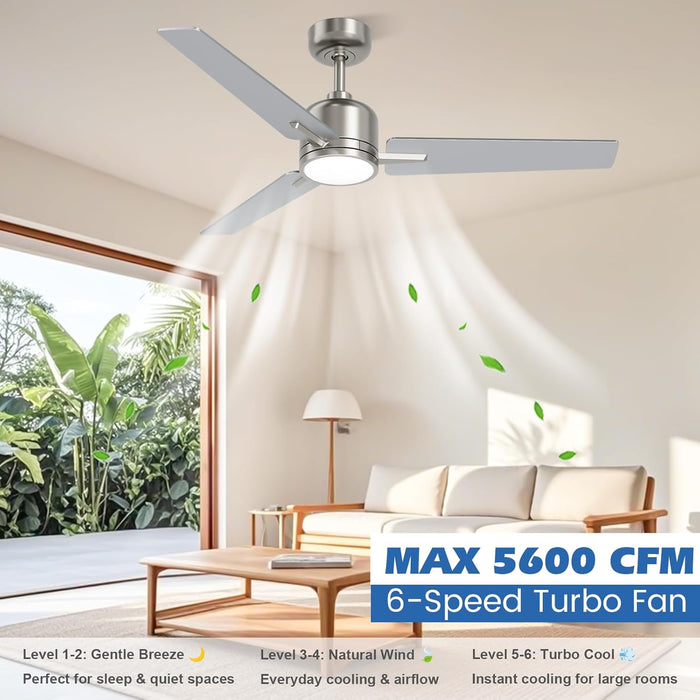 52 Inch Ceiling Fans with Lights and Remote, Brushed Nickel Ceiling Fan, 6 Speed Reversible, 3CCT, Dimmable, Noiseless, 3 Blades, Quiet DC Motor, Silver Ceiling Fan for Bedroom, Indoor and Outdoor