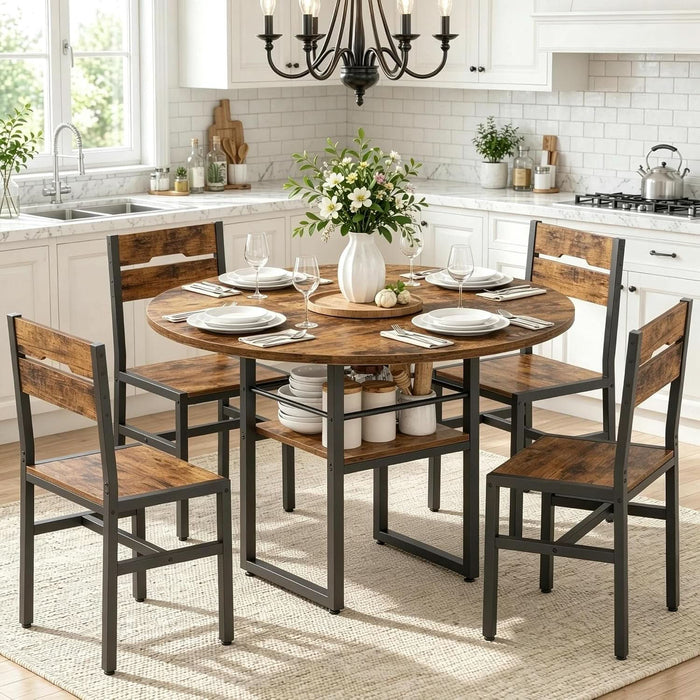Round Dining Table Set for 4, 5-Piece Kitchen Table and Chairs with Storage Shelf, Circle Dinner Table Set with Wooden Tabletop & Metal Legs, for Kitchen & Dining Room, Rustic Brown and Black