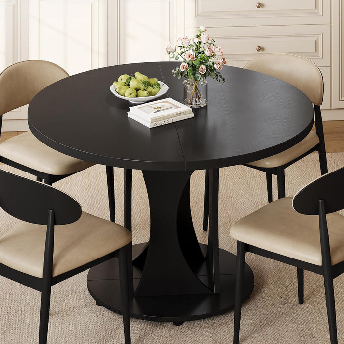 59" Extendable round Dining Table for 6-8, Kitchen Table with Sturdy Double Arc Base & Backboard Clasp Desktop, Mid-Century Modern Dinner Table, Kitchen Dining Room, Space Saving, Black
