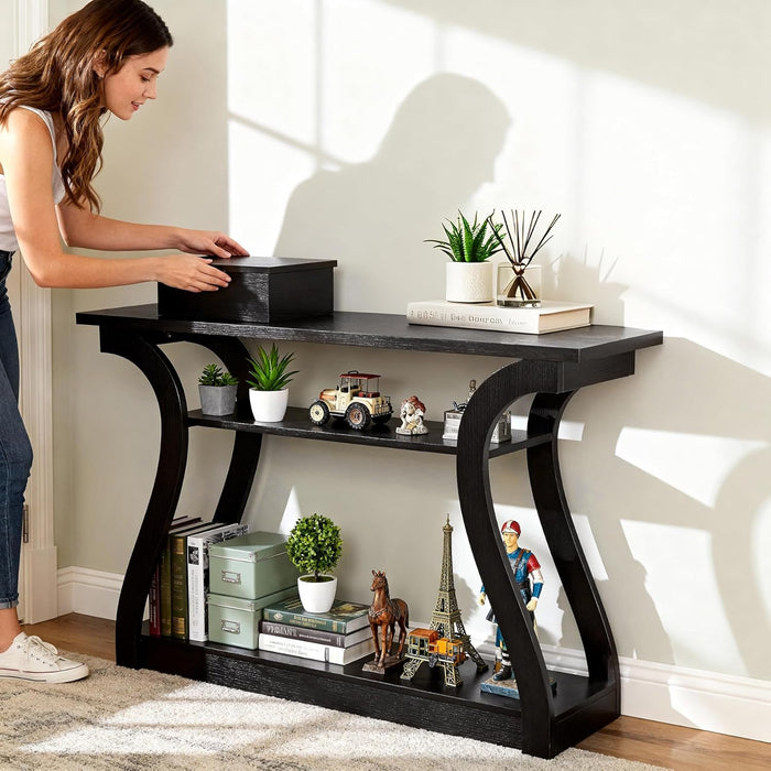 Wood Console Table with Curved Legs and Shelf, 3 Tier Modern Accent Sofa Table for Entryway, Living Room, Hallway, 47 in Wide, Easy Assembly (Cappuccino/Dark Brown)