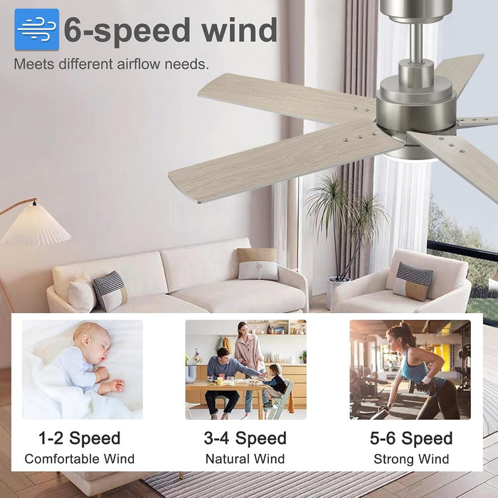 52 Inch Brushed Nickel Ceiling Fan with Light and Remote Control