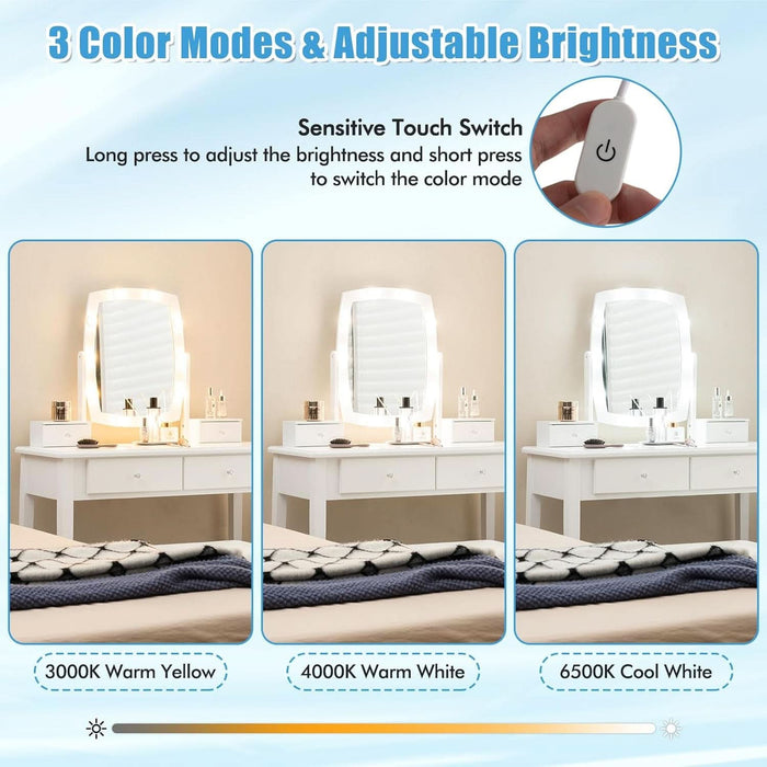 Vanity Desk with Mirror and Lights, Makeup Vanity Table with Swivel Mirror, 3-Color Dimmable LED Lights, 4 Drawers, Girls Bedroom Makeup Dressing Table with Stool (White)
