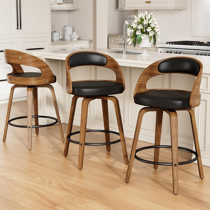 Swivel Bar Stools Set of 2, 26" Counter Height Bentwood Barstool | Mid-Century Modern PU Leather Upholstered Bar Chair with Back and Footrest, for Kitchen Island, Bar, Dining Room, Cafe, Black