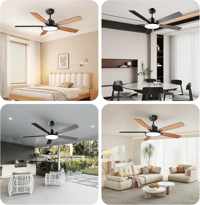 52 Inch Black Ceiling Fans with Lights Led Remote Control Flush Mount Low Profile for Bedroom Living Dining Room Outdoor Farmhouse Patio,Reversible,Dc Motor,Diammable,Buzzer On/Off,5 Blades