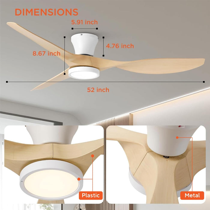 52 Inch Ceiling Fans with Lights and Remote, Flush Mount Low Profile Ceiling Fan with Reversible DC Motor ABS Blades for Bedroom Living Room Kitchen Light Oak Finish