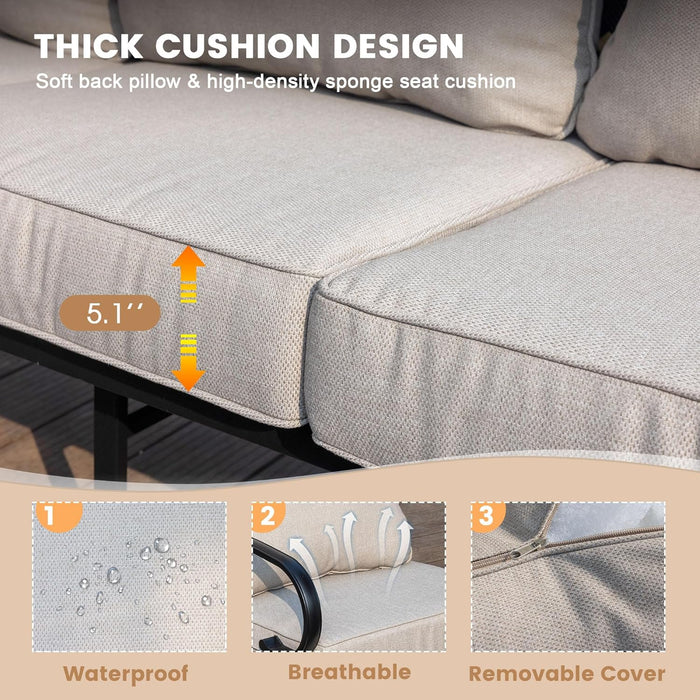 5 Pieces Patio Furniture Set for 7, Outdoor Conversation Set Includes 3-Seat Outdoor Sectional Sofa, 1 Patio Loveseat, 2 Rocking Patio Chairs and 2 Ottomans with Cushions for Garden, Beige