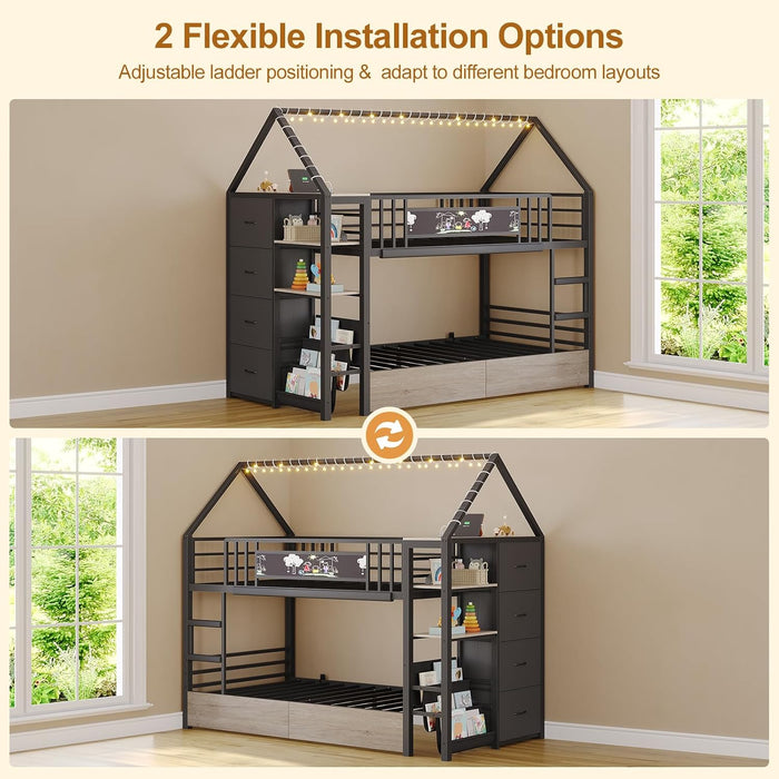 Bunk Bed Twin over Twin with Storage Drawers and Globe String Lights House Shaped Low Bunk Bed with Montessori Bookshelf Metal Bunk Beds for Kids with Ladder and Guardrail,Space Saving, Black
