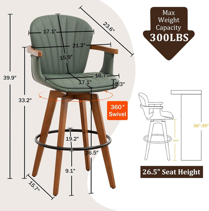 26” Counter Height Stools Set of 2,Mid Century Modern Bar Stools,Green PU Leather Kitchen Island Stool,Wood High Barstools Swivel with Back and Arms for Home Bar Furniture
