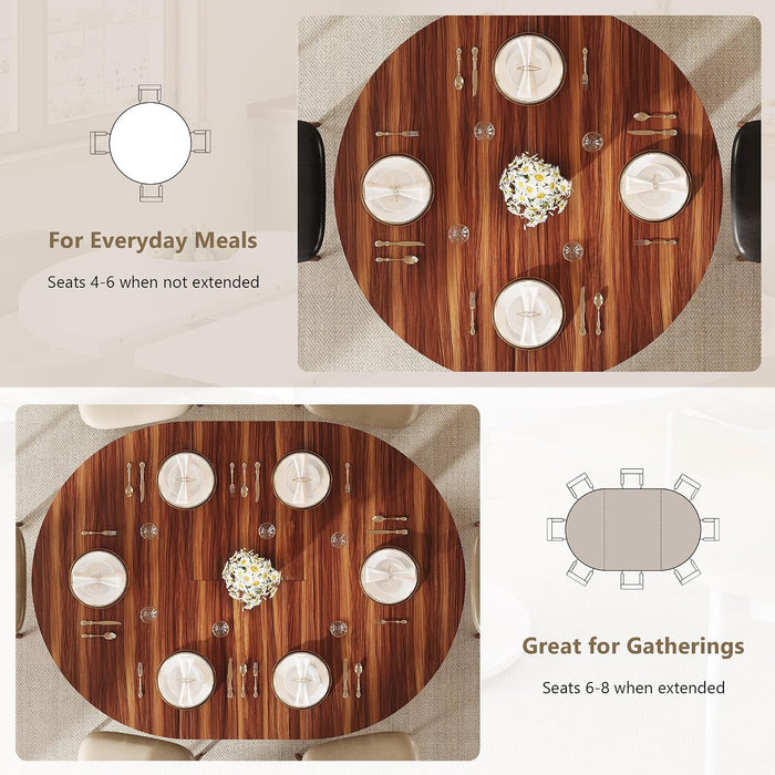 59" Extendable round Dining Table for 6-8, Kitchen Table with Sturdy Double Arc Base & Backboard Clasp Desktop, Mid-Century Modern Dinner Table, Kitchen Dining Room, Space Saving, Walnut