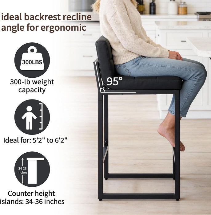 Bar Stools Set of 3, Upholstered Faux Leather Counter Height Barstools with Low Back and Thickened Metal Legs, Modern Bar Chairs for Kitchen Island, Bar (Black, 3Pcs 26" Counter Stools)