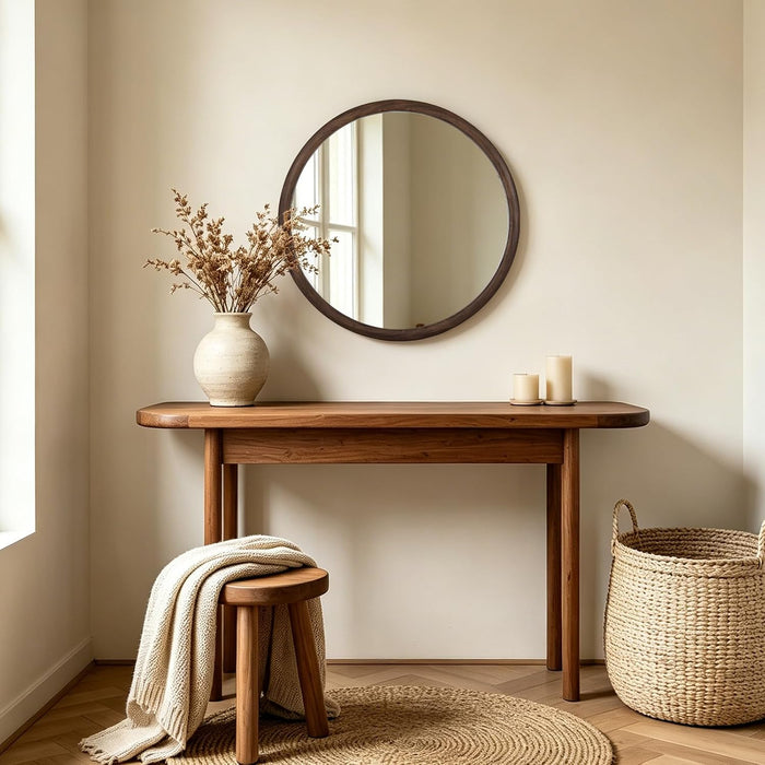 24 Inch round Mirror, Walnut Wood-Grain Foil Finish Circle Mirror for Bathroom, Entryway, Living Room, Bedroom and Vanity Decor