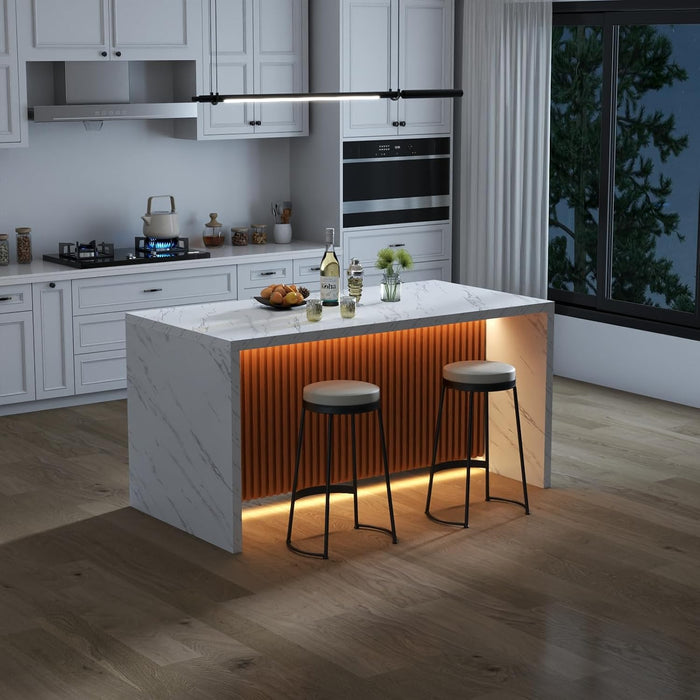 63" Large Imitation Marble Dining Table for 4-6 People, with LED Lights | Modern Kitchen Island Table, Marble Stripes Kitchen Dining Table with Grille Design for Dining Room,Living Room (White)