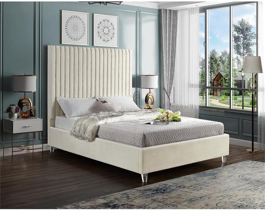 Candacecream-Q Candace Collection Modern | Contemporary Velvet Upholstered Queen Bed, Cream Velvet Fabric, Deep Channel Tufting, Acrylic Legs, 65" W X 86" D X 65" H, Cream, Queen