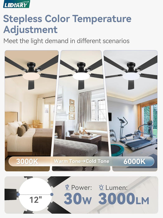 60 Inch Ceiling Fan with Lights and Remote, 30W 12" LED Panel Flush Mount Ceiling Fan, 6-Speed Quiet DC Motor Modern Low Profile Ceiling Fan with Reversible Blades for Living Room, Bedroom, Patio