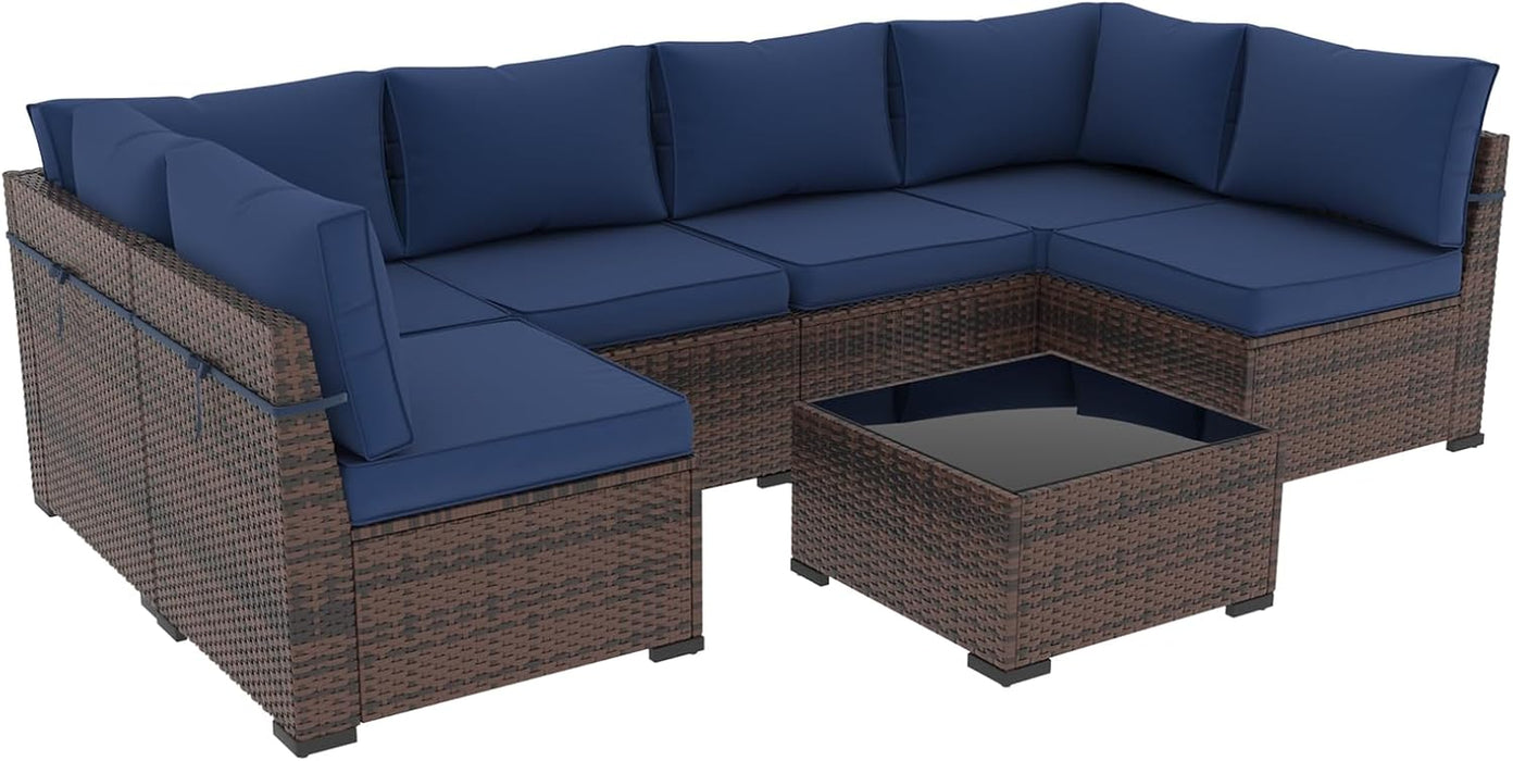 7 Pieces Patio Furniture Set, Outdoor Furniture Sectional Rattan Sofa with Slanted Back, Patio Couch with Glass Coffee Table for Backyard Garden Navy Blue (Waterproof Cover)