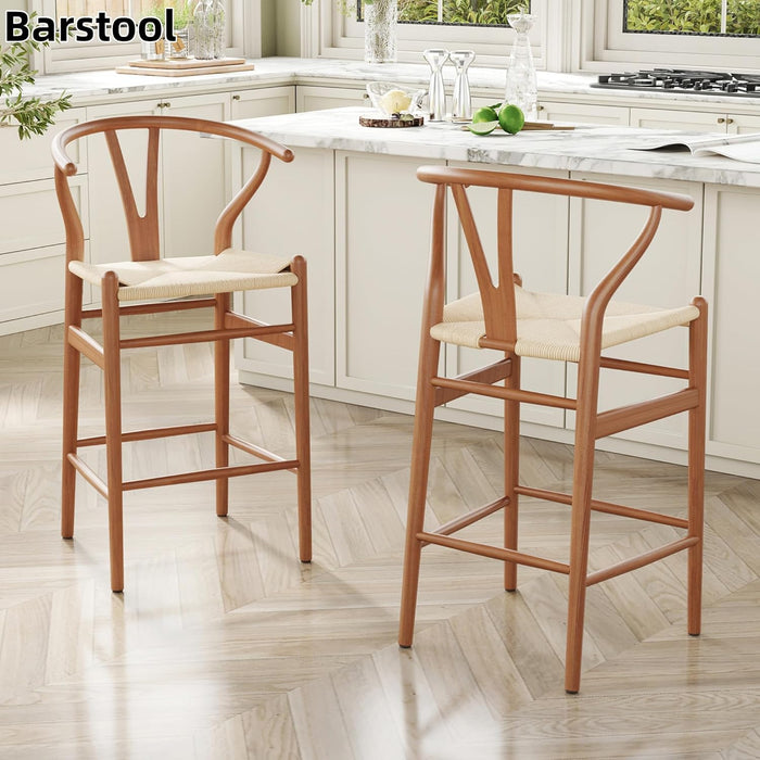 Wishbone Barstool, Weave Counter Height Bar Stool with Non-Slip Foot Mats, Fully Assembled Bar Stool for Kitchen, Island, Dining Room, Bar, Walnut
