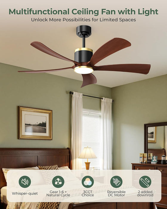 52" Premium Walnut Solid Wood Ceiling Fan with Light - Whisper-Quiet DC Motor, 6 Speeds, 3000K-6000K Dimmable LED, Remote Control with Timer, 2 Downrods for Indoor/Outdoor, A++ Energy Saving