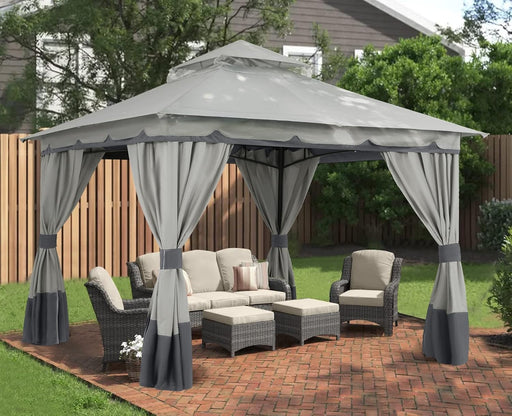 8'X8' Outdoor Gazebo, Double Roof Patio Gazebo with and Shade Curtains, Light Gray