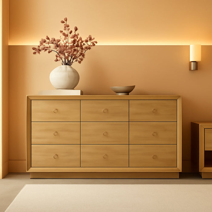 9 Drawer Dresser, Mid Century Modern Dresser with Storage, 55" Wide Chest of Drawers with Wood Grain Texture, Dressers TV Stand for Bedroom, Living Room, Hallway, Gold Oak