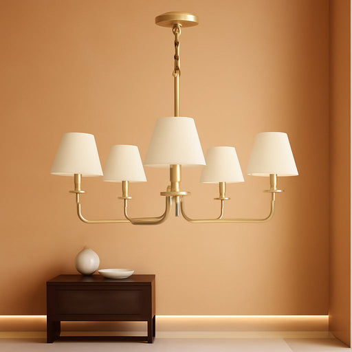 5-Light Brass Gold Dining Room Light Fixture with White Fabric Shade, 29.52In Farmhouse Chandelier Modern Antique Linear Pendant Island Light Fixture for Bedroom Foyer Cottage Kitchen over Table